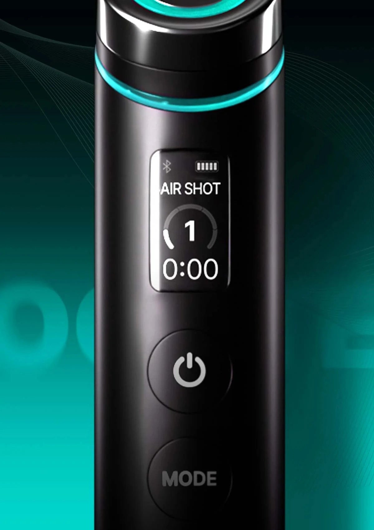 Black handheld device with digital display and buttons on a teal background